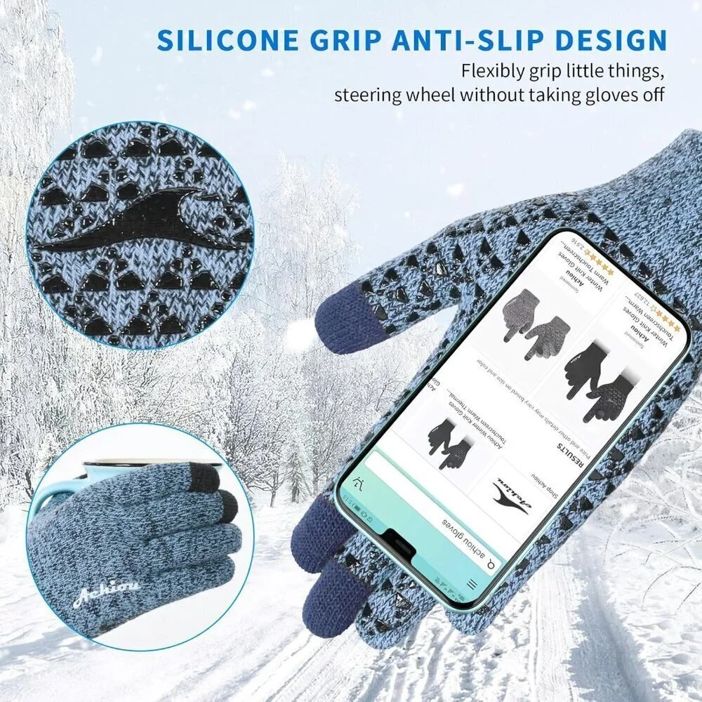 Women's Grey Blue Upgraded Touch Screen Thermal Soft Knit Lining Winter Gloves
